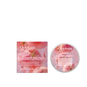 OceAura Peach Flavor Body Moisturizer Cream in a jar, suitable for all skin types to deeply hydrate and soften skin.