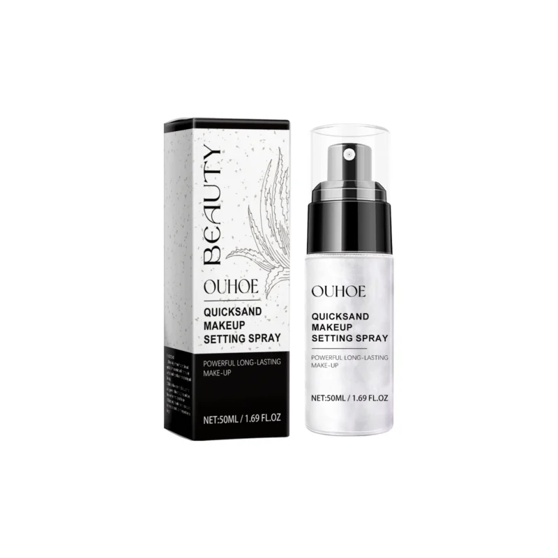 OUHOE Quicksand Makeup Setting Spray in a sleek 50ml bottle, providing a long-lasting, hydrating matte finish for all-day wear