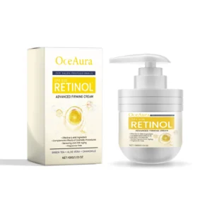 OceAura Retinol Advanced Firming Body Cream for smoothing wrinkles and tightening skin, 100g jar with Green Tea, Aloe Vera, and Chamomile.