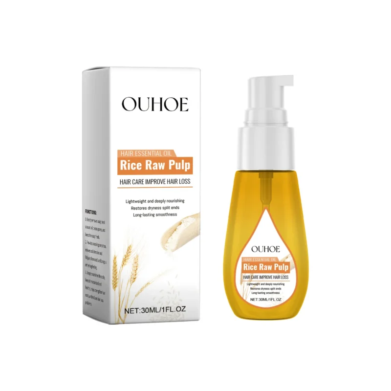 OUHOE Rice Water Hair Essential Oil in a sleek 30ml bottle for deep nourishment and split ends repair.