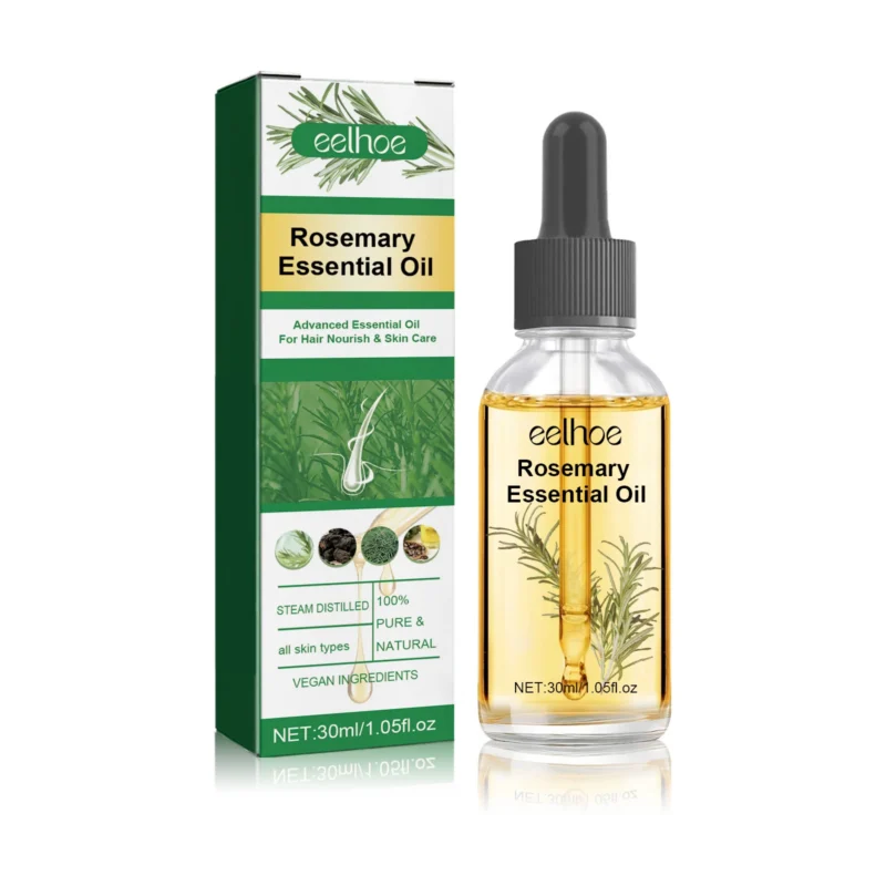 EELHOE Rosemary Essential Hair Oil in a sleek bottle for repairing split ends, nourishing dry hair, and promoting growth