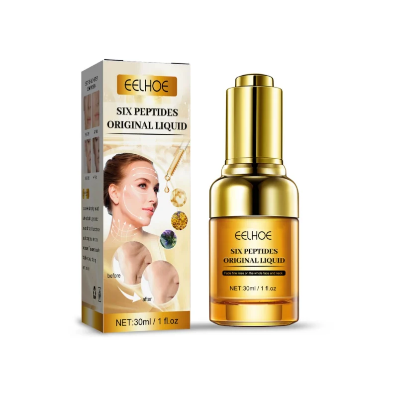 EELHOE Six Peptides Anti-Wrinkle Serum in a 30ml bottle, shown before and after use for reducing fine lines and wrinkles.