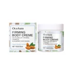 OceAura Sweet Almond Coconut Firming Body Cream in a white tub with 100g of moisturizing lotion for smooth skin