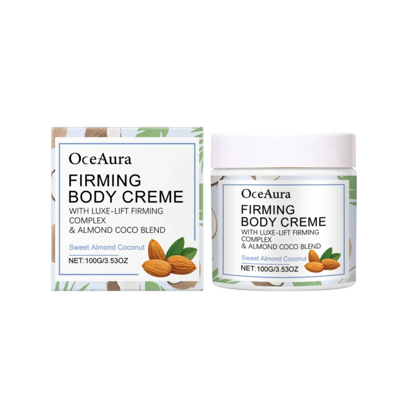 OceAura Sweet Almond Coconut Firming Body Cream in a white tub with 100g of moisturizing lotion for smooth skin