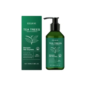 EELHOE Tea Tree Shampoo bottle with key ingredients like Argan Oil and Keratin for dry, damaged hair repair and frizz control.