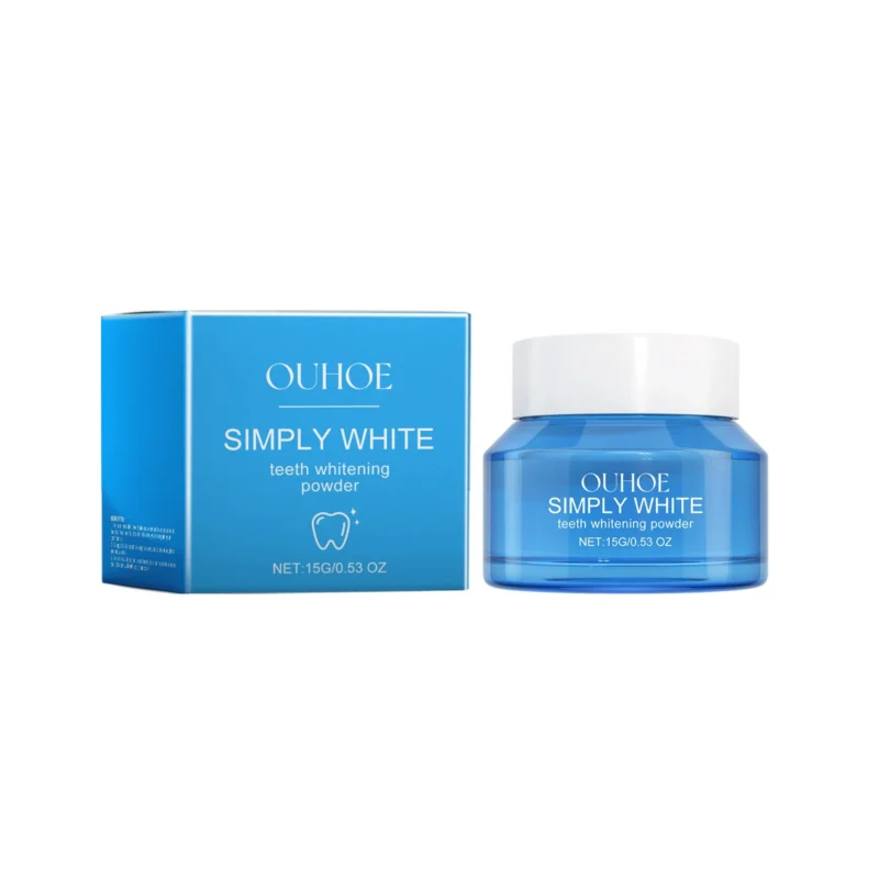 OUHOE Teeth Whitening Powder jar with natural extracts for gentle stain removal and fresh breath.