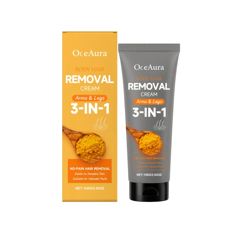 OceAura Turmeric Hair Removal Cream in a tube, suitable for legs, arms, underarms, and sensitive bikini area.