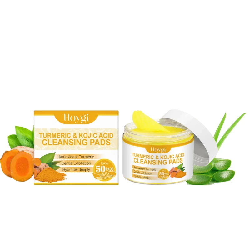 Hoygi Turmeric & Kojic Acid Cleansing Pads for brightening, gentle exfoliation, and deep hydration.