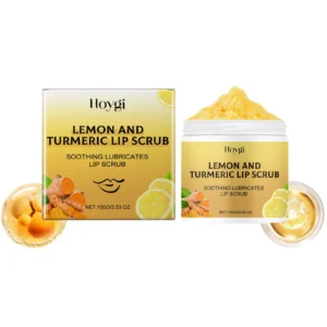 Hoygi Turmeric and Lemon Lip Scrub in a jar, designed to exfoliate and deeply moisturize dry lips