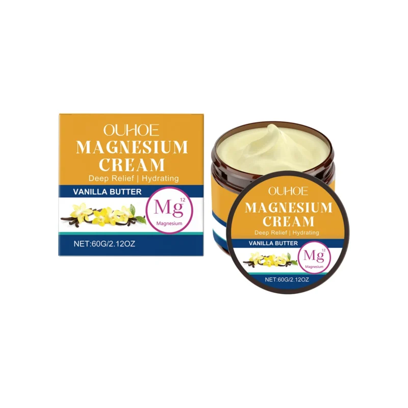 OUHOE Vanilla Butter Magnesium Cream in a 60g jar for deep relief from muscle soreness and joint pain.