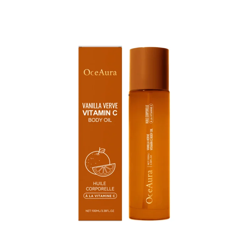 OceAura Vitamin C Body Oil 100ml in a sleek bottle, featuring antioxidant and deep moisturizing benefits for all skin types.