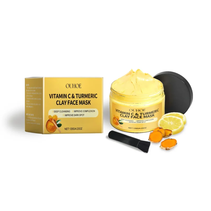 OUHOE Vitamin C & Turmeric Clay Face Mask in a jar with a brush for deep cleansing and brightening